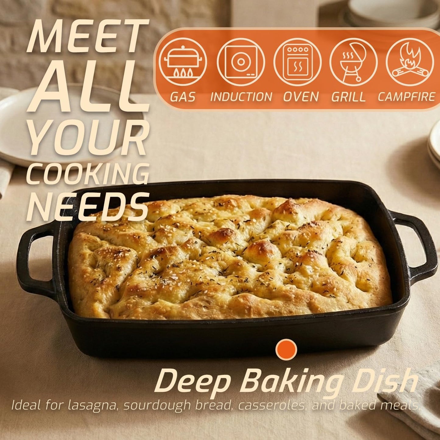 2-in-1 Pre-Seasoned Cast Iron Casserole Dish with Lid, Rectangular Dutch Oven, Cast Iron Baking Pan&Baking Dish for Lasagna, Sourdough Bread, 13"x9"