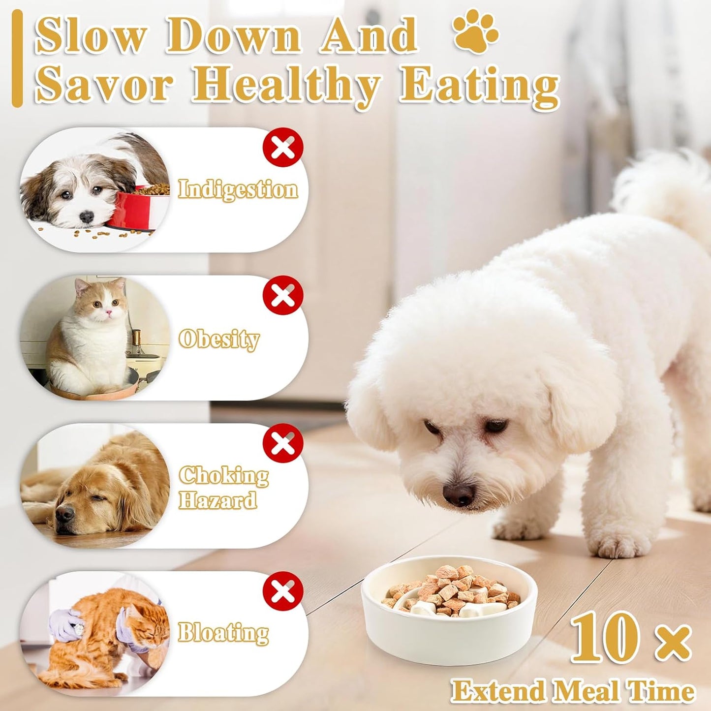 Ceramic Slow Feeder Dog Bowls, 1 Cups Dog Food Dish for Small and Medium Breed, Puzzle Dog Food Bowl for Fast Eater, 15OZ, 6.3 inch(Beige)