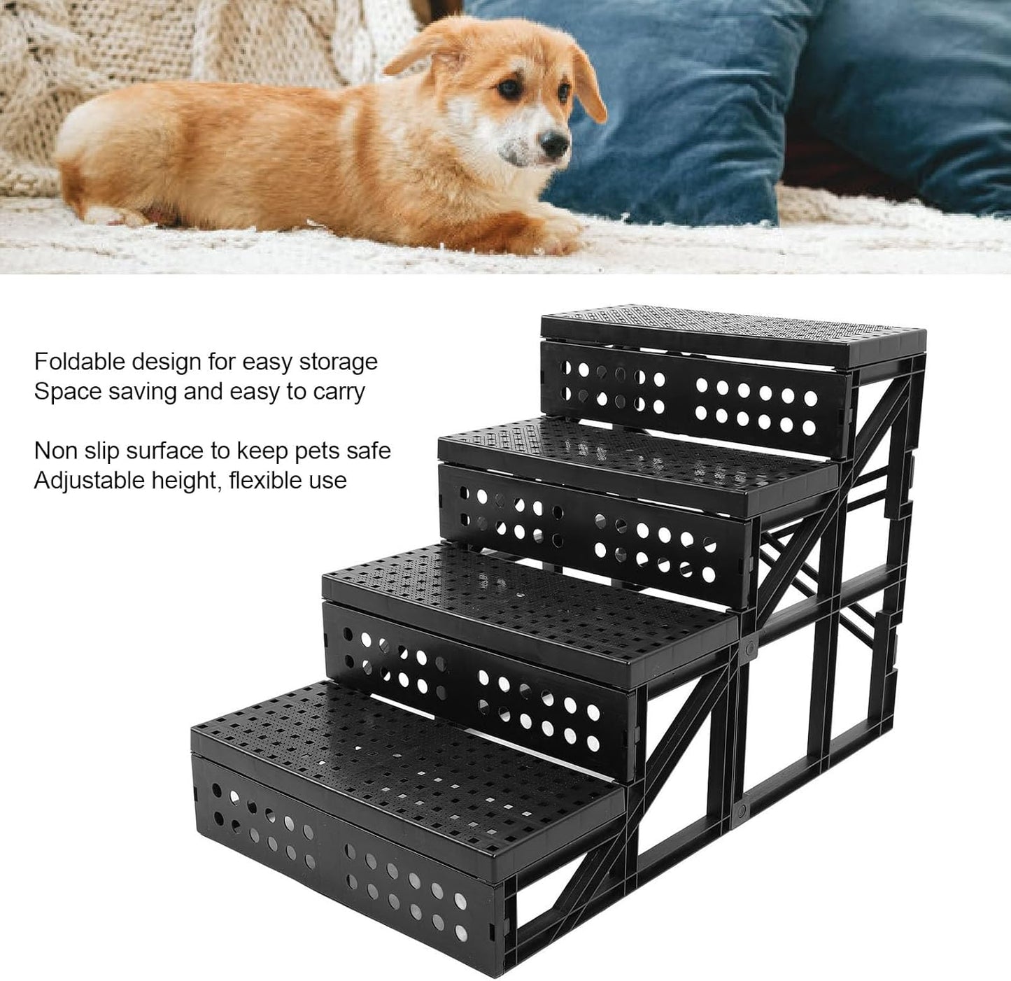 Dog Stairs for Small Dogs, Foldable Nonslip Dog Steps with 4 Step Design, Adjustable Height Pet Steps for Small Dogs and Cats, Dog Ramp Ladder for High Bed and Couch, 60x40x35cm