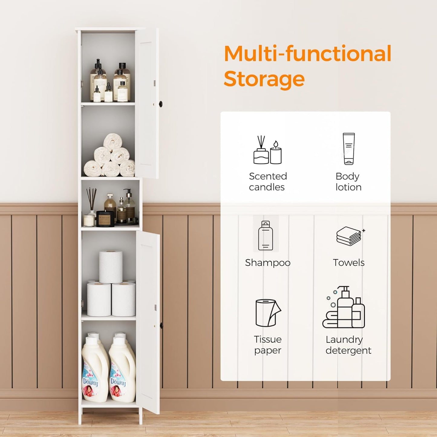 Tall Bathroom Storage Cabinet with 2 Doors, 67"H Narrow Storage Cabinet with Adjustable Shelves& Anti-Tip Design, Reversible Door Installation, Easy Assembly, 11.8 x 11.8 x 66.9 Inches, White