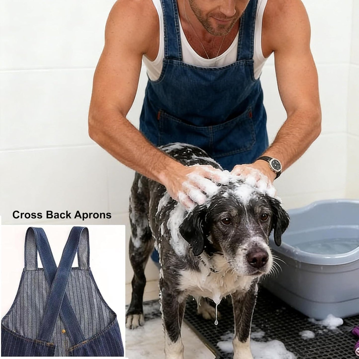 Adult Jour Apron, Lightweight Cotton Apron with Front Pocket, Denim Cross Back Aprons, Durable & Stain-Resistant