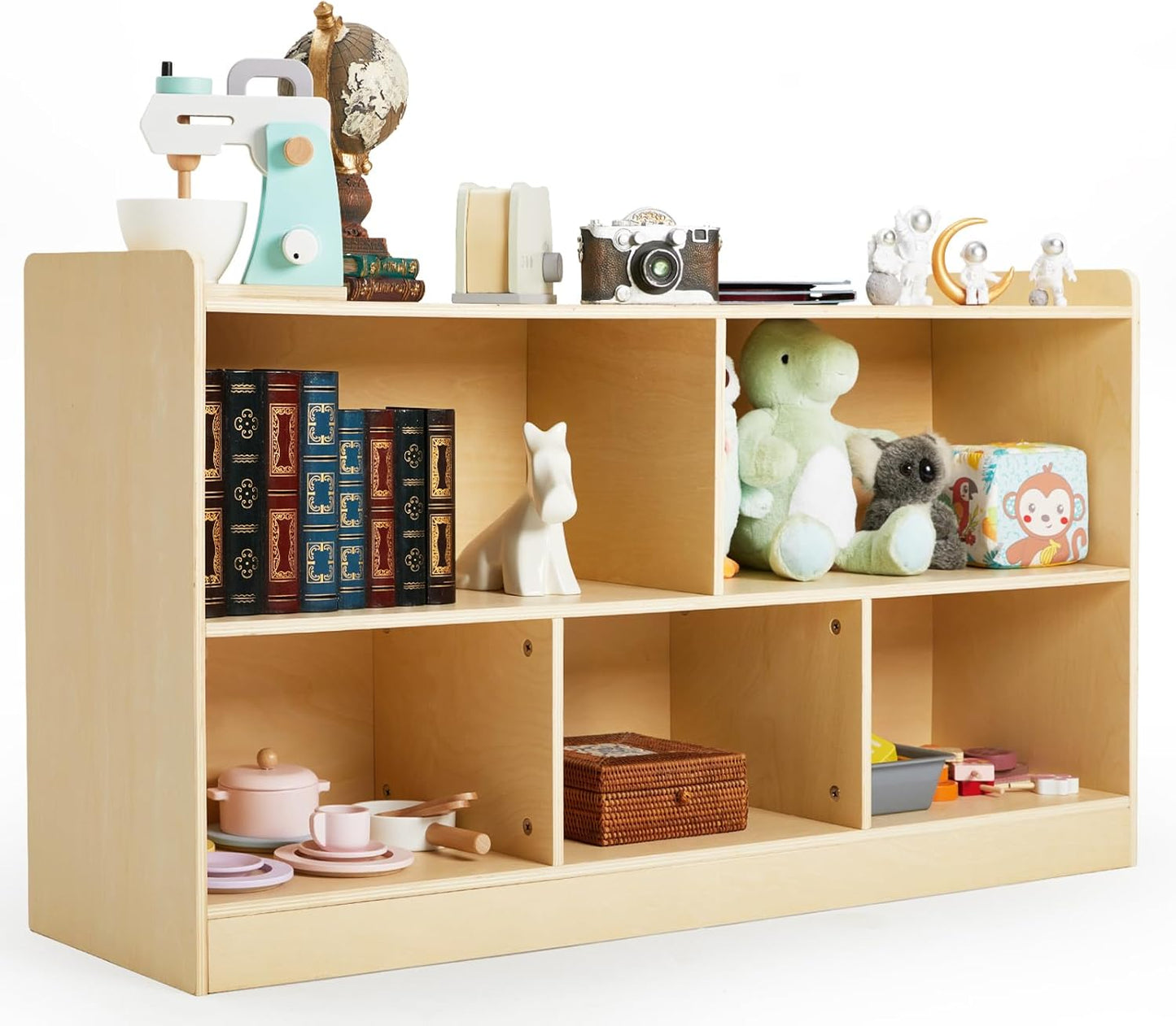 Montessori Shelf, Wooden Toy Storage Organizer for Books Toys, 2 Shelf Bookcase, 5-Section Storage Cabinet, Toddler Book Shelf for Kids Rooms, Playroom, Nursery, Kindergarten (Natural)