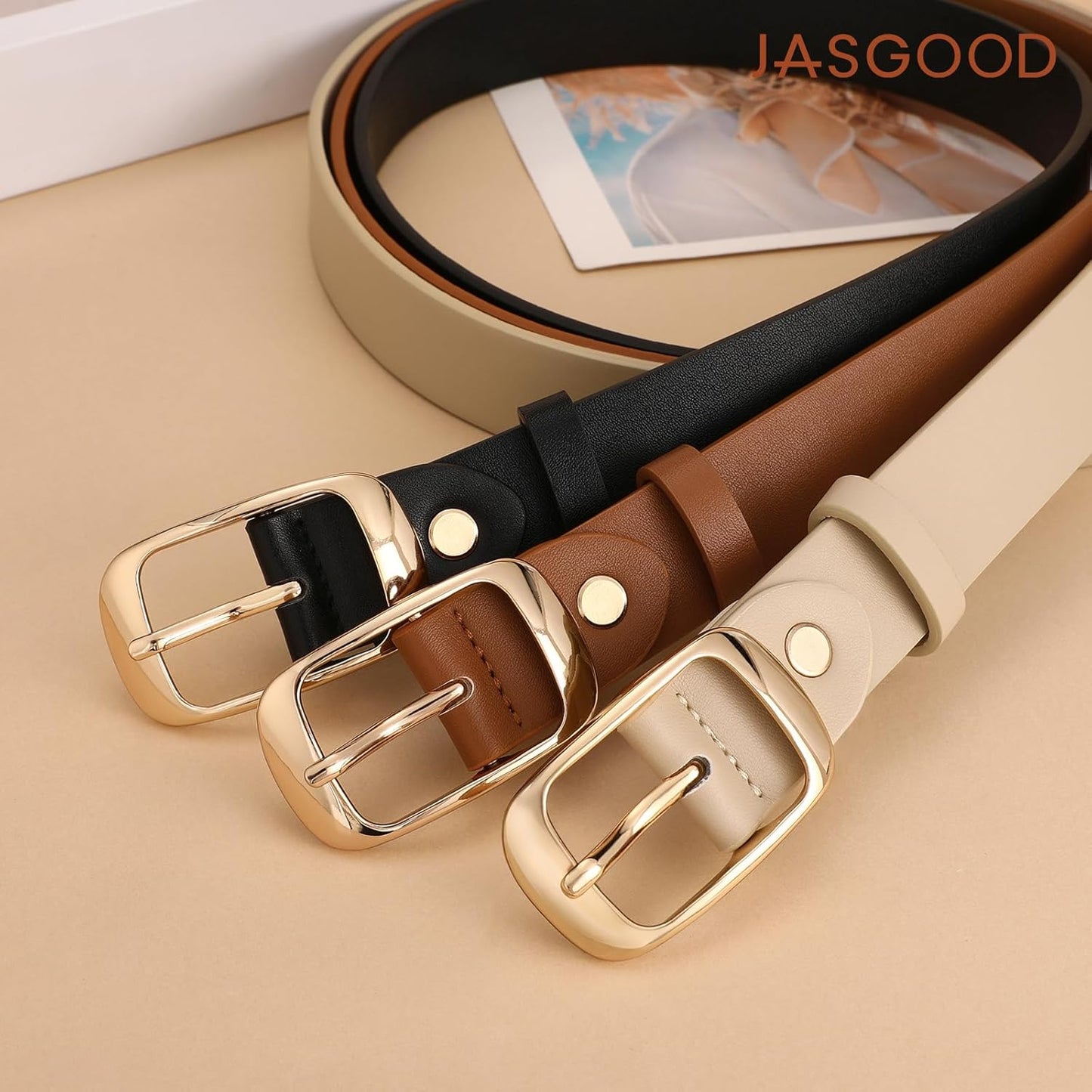 JASGOOD 3 PACK Women Belts for Jeans Pants Fashion Ladies Leather Waist Belt with Gold Buckle