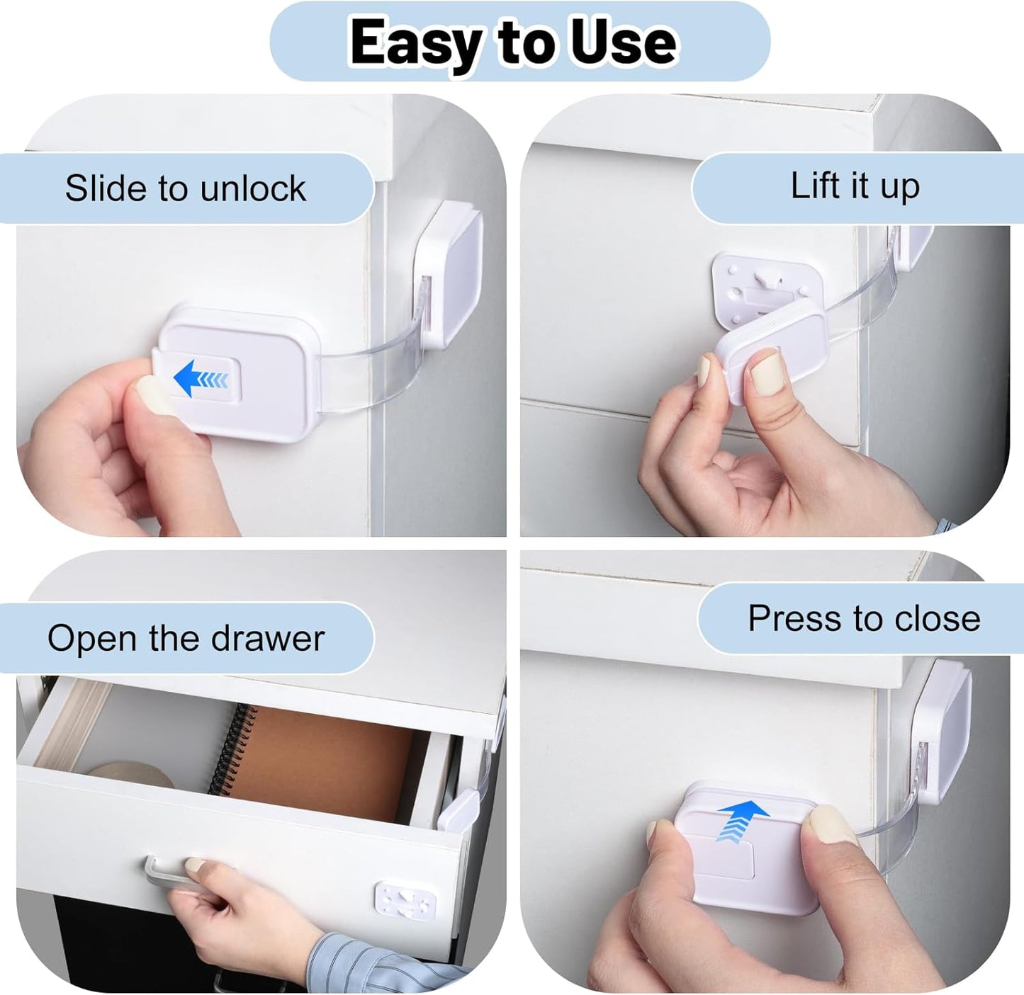 6-Pack Adhesive Baby proofing Strap Locks, Child Proof Cabinet Latches for Drawers, Microwave, Oven, Trash Can, Refrigerator, Toilet Lid, Adjustable No Drilling Need
