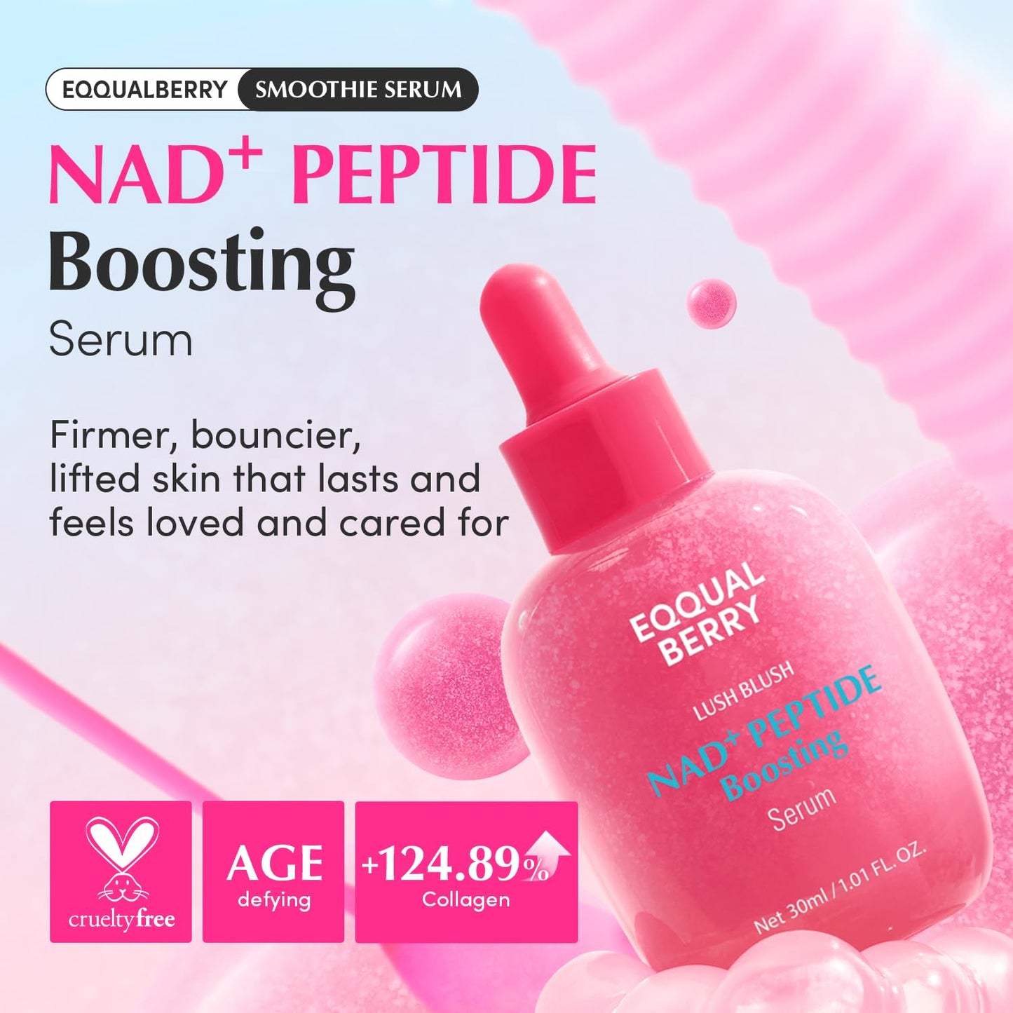 EQQUALBERRY NAD+ Peptide Boosting Smoothie Serum – Anti-Aging Korean Skin Care | Firming Serum with 5 Ceramides & Vegan Collagen for Wrinkles & Radiant Glow(1.01oz/30ml)