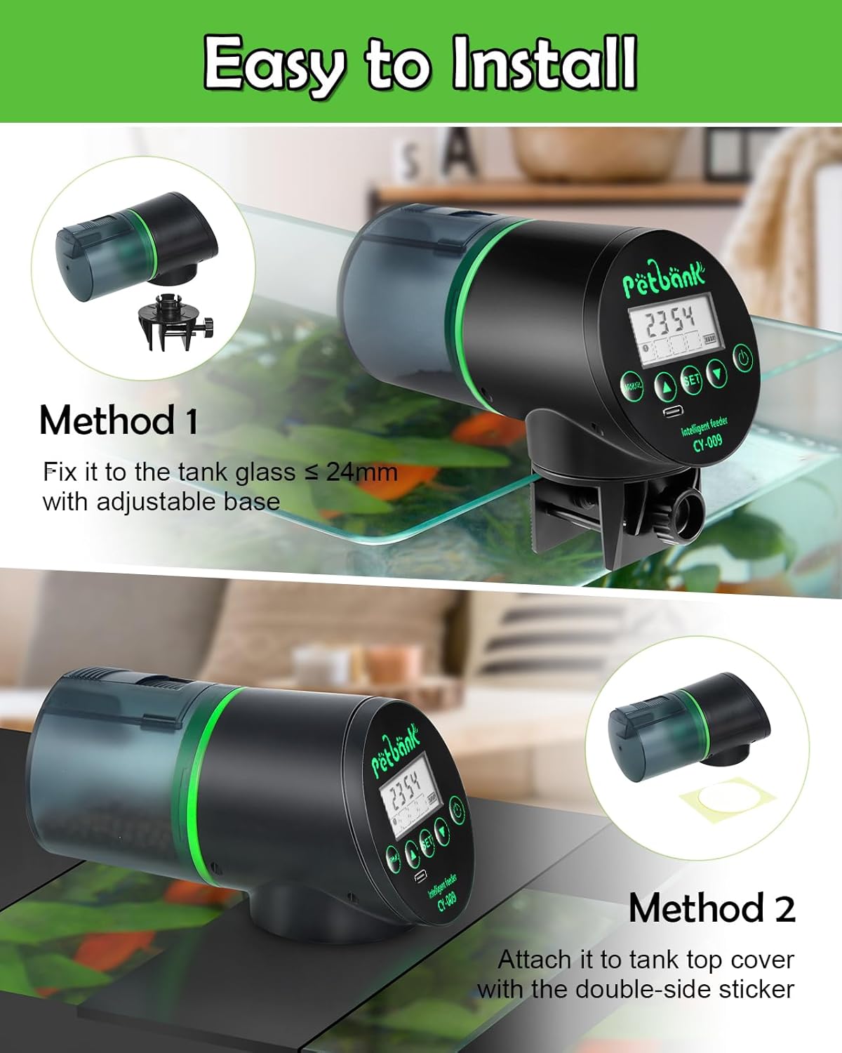 Automatic Fish Feeder for Aquarium - Rechargeable Fish Food Auto Dispenser Vacation Turtle Feeder with USB Charger Cable，LCD Screen, Customized Schedule，Black