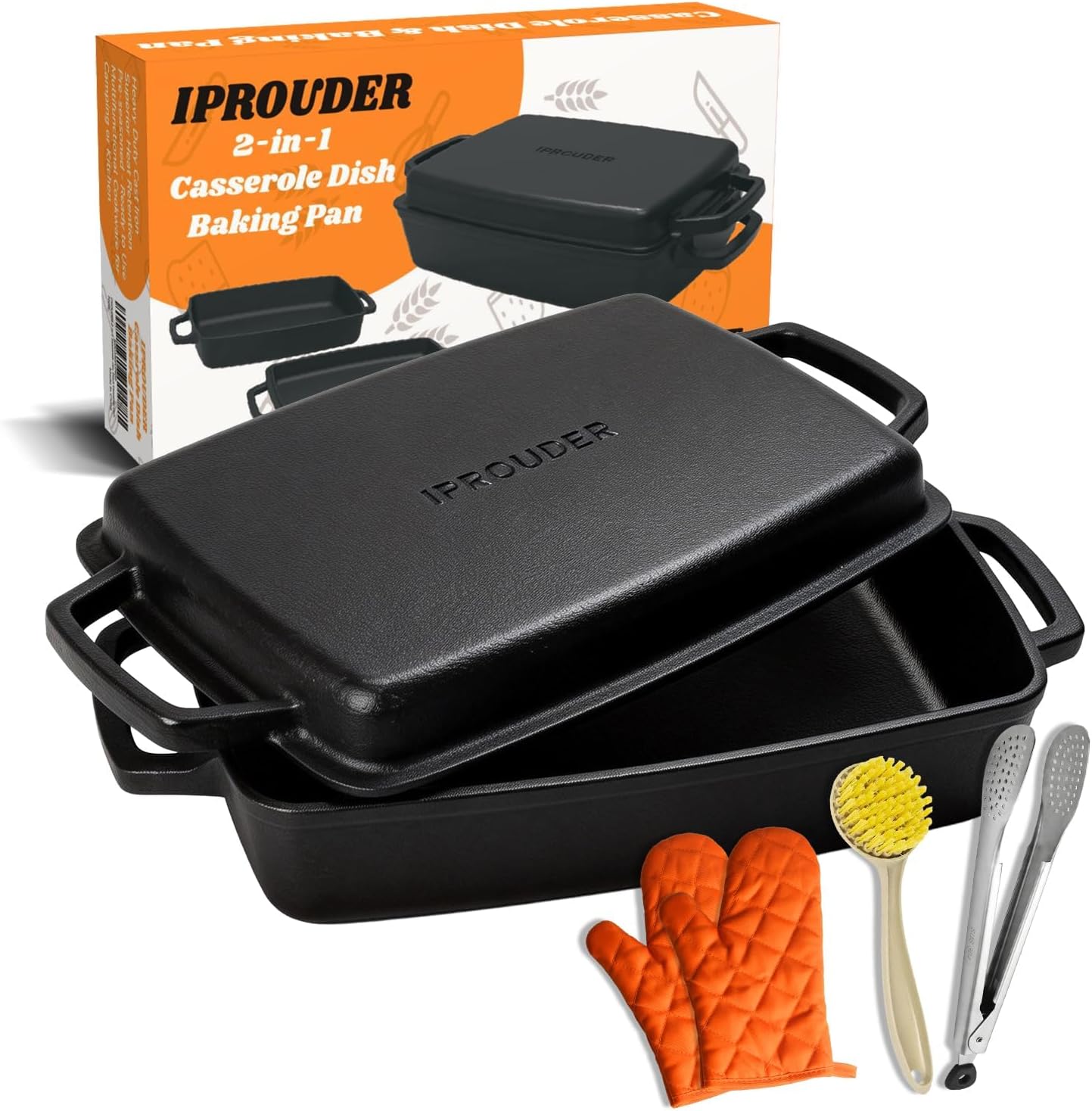2-in-1 Pre-Seasoned Cast Iron Casserole Dish with Lid, Rectangular Dutch Oven, Cast Iron Baking Pan&Baking Dish for Lasagna, Sourdough Bread, 13"x9"