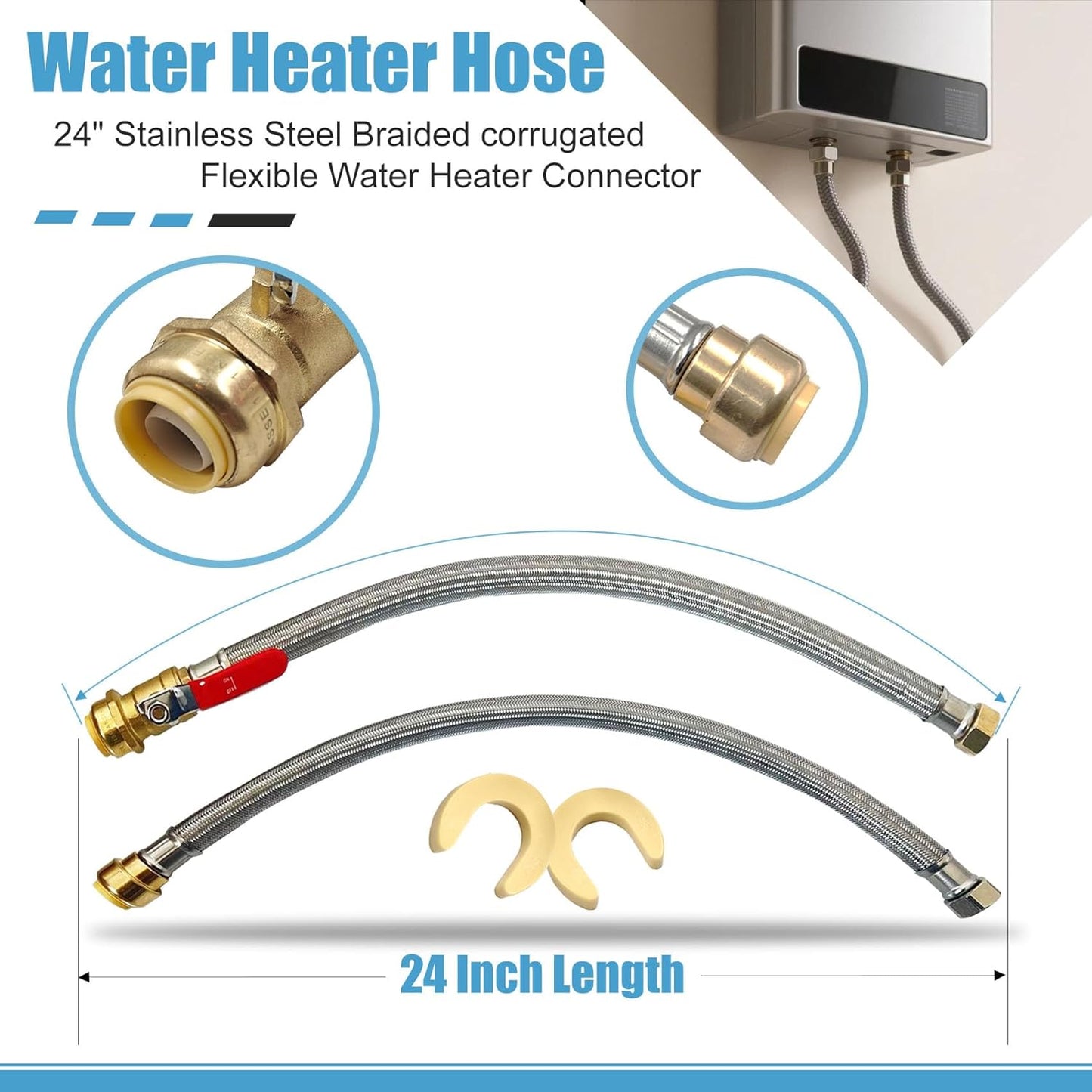 3/4" Ball Valve x 3/4" FIP x 24" Water Heater Hose Connector, Stainless Steel Braided Corrugated Flexible Water Heater Connector, Push To Connect Brass Plumbing Fitting, Copper, Pex, CPVC, 2 Pack