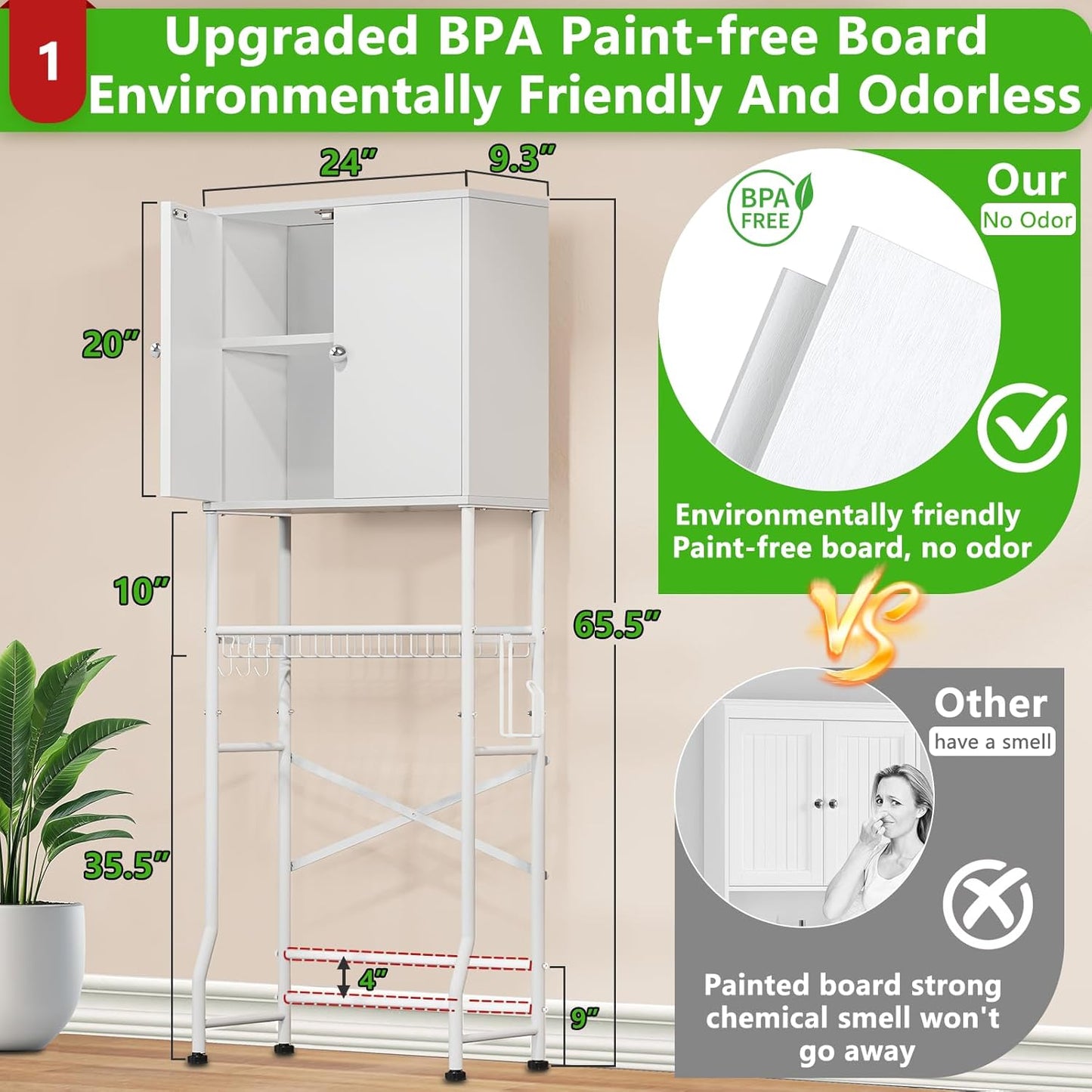 Over The Toilet Storage Cabinet - 2-Door Design Bathroom Organizers Shelf, Freestanding Space-Saver Above Toilet Storage Cabinet with Privacy Protection Rack, Water-Resistant Toilet Shelves (White)
