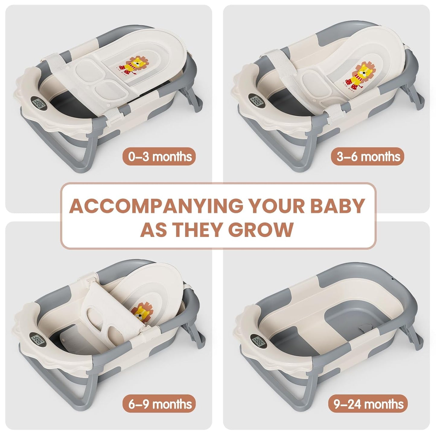 TPN 4-in-1 Grow-with-Me Collapsible Baby Bathtub, Baby Tub for Newborns to Toddler with Soft Floating Cushion & Thermometer, Portable Baby Bath Tub, Infant Bathtub for Bath Support in Tub,Grey