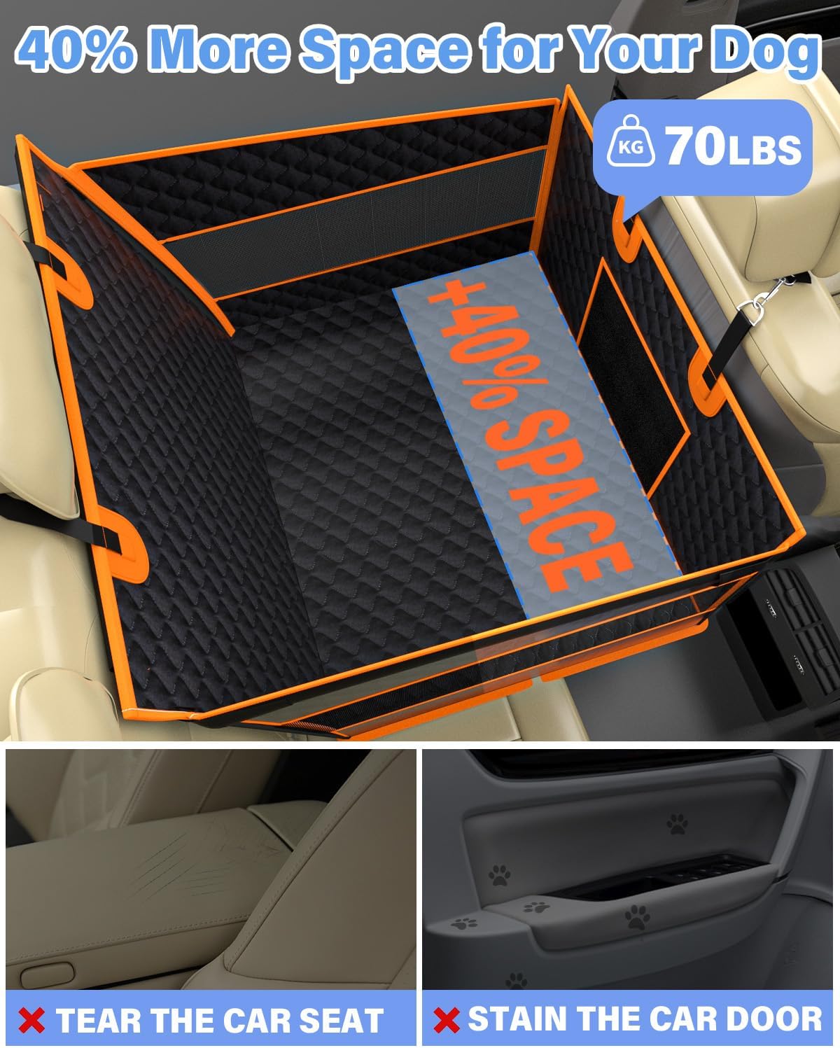 Dog Car Seat for Large Dogs, Half Back Seat Extender with Hard Bottom, Waterproof Non-Slip Pet Car Seat for Cars, SUVs and Trucks, Fits Medium Dogs