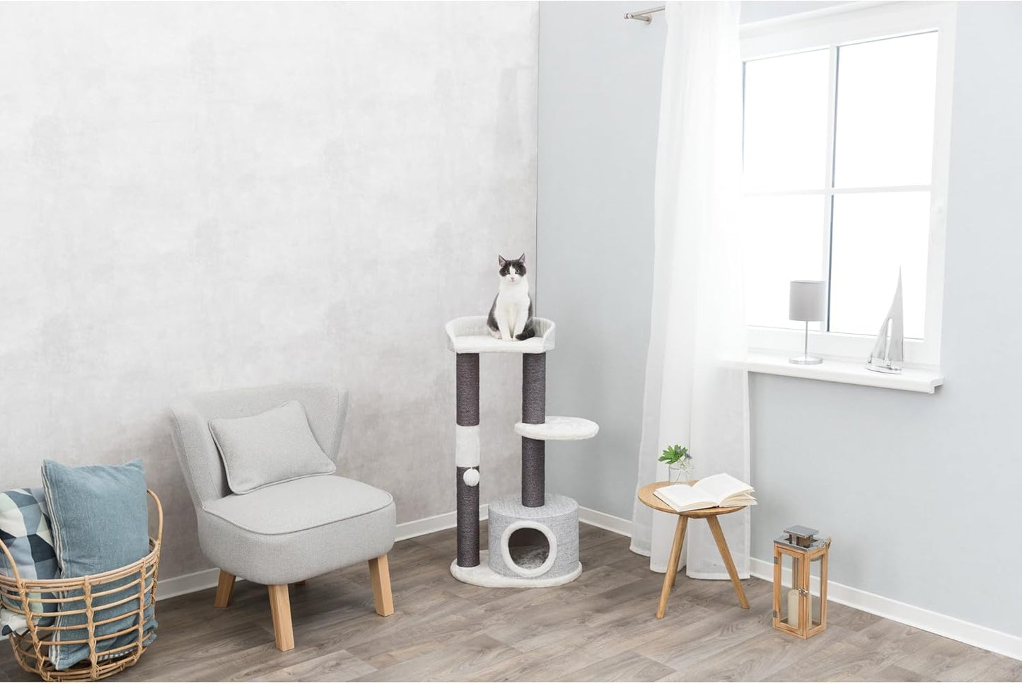 TRIXIE Pilar Cat Scratching Post 39.4 Inch - with Durable Sisal Rope (Gray) and Condo, Two Platforms, Top Platform with Backrest & Dangling Cat Toy - in Gray