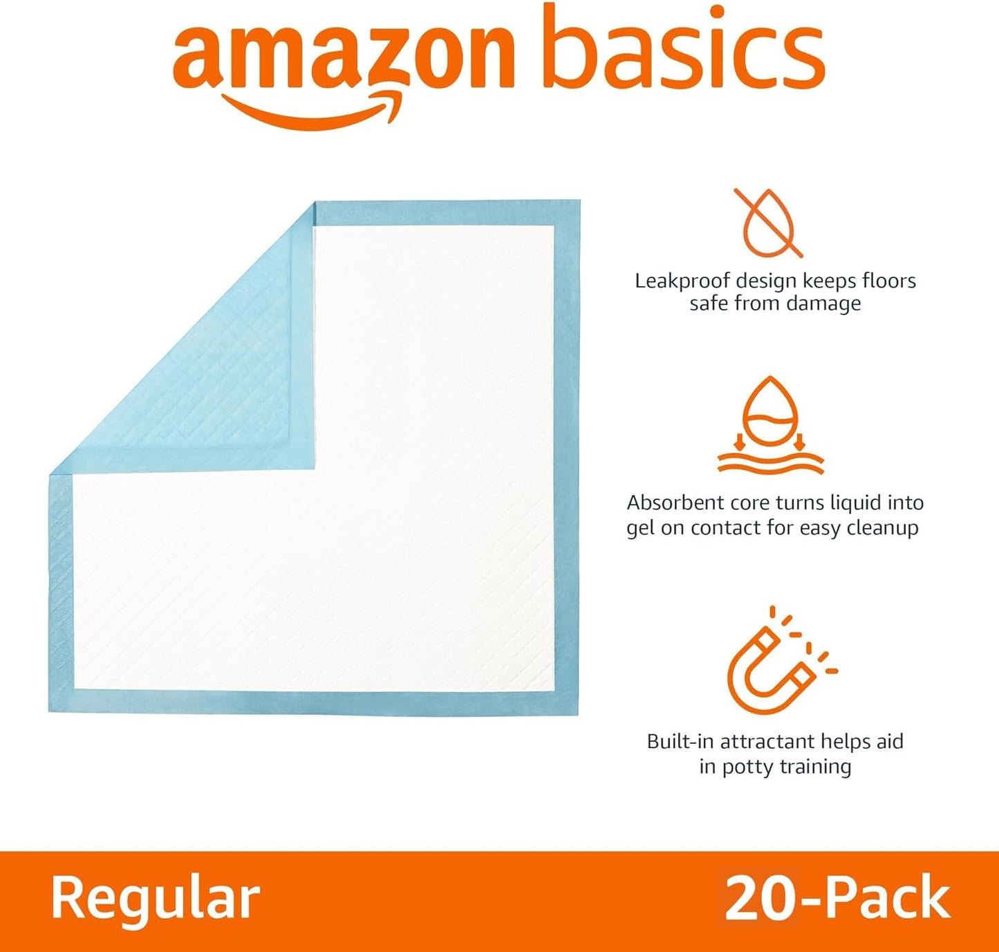 Amazon Basics Heavy Duty Absorbent Dog and Puppy Pee Pads with 5-Layer Leak-Proof Design and Quick-Dry Surface for Potty Training, Regular Size, 24 x 23 Inches, Blue & White, 20-Count