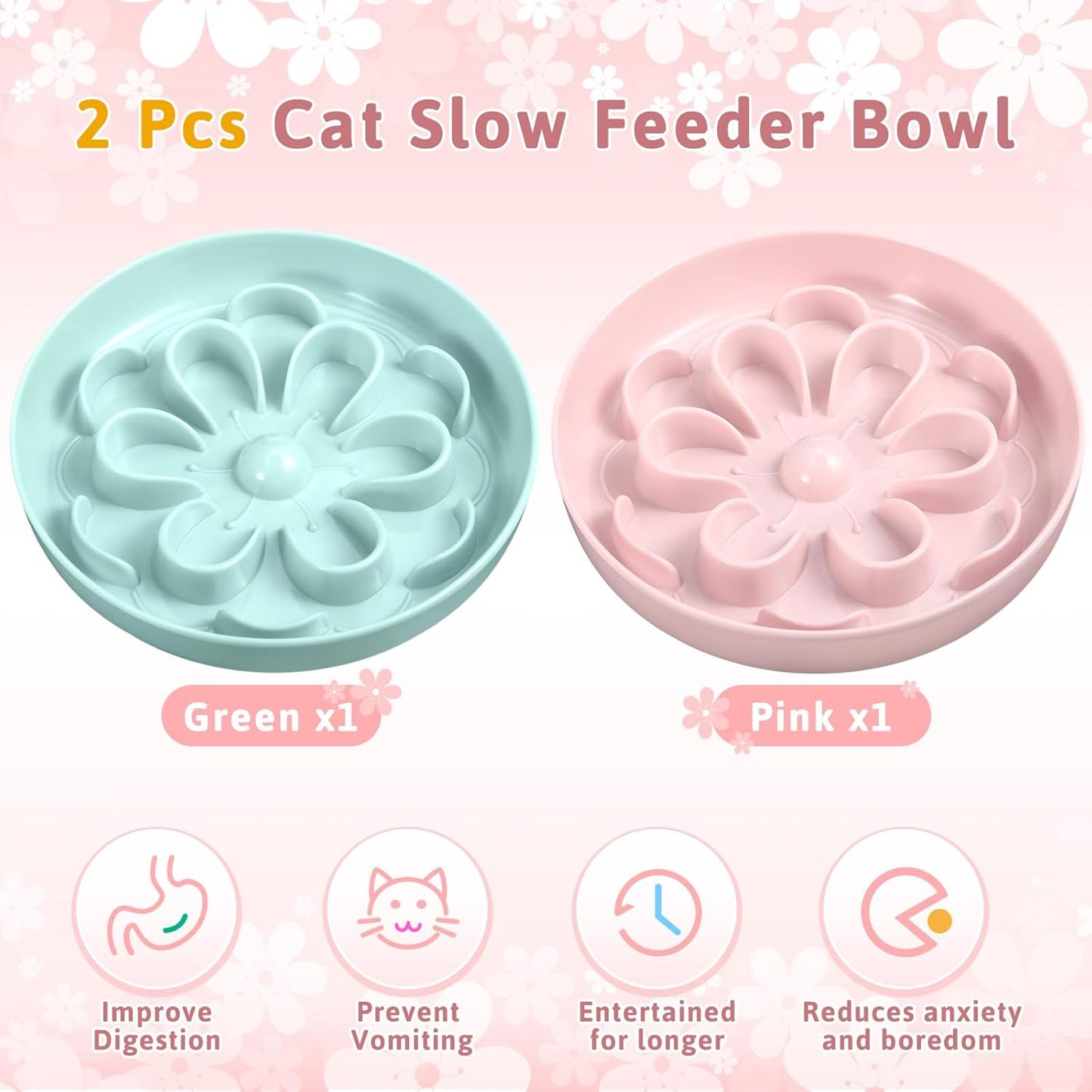 2 Pcs Cat Slow Feeder Bowl Cute Cat Food Bowl with Bloom Design Healthy Eating Diet Interactive Feeder Wet Dish for Pets Small Dogs(Pink, Green)