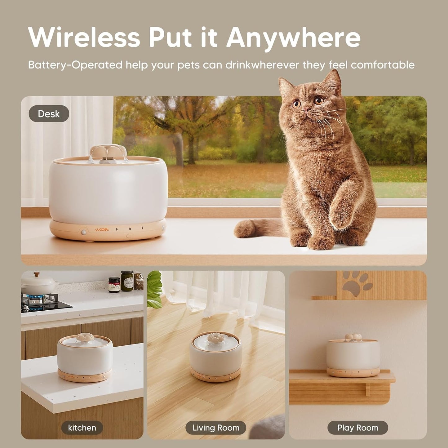 WOPET Wireless Cat Water Fountain, 3L/101oz Ceramic Automatic Pet Water Dispenser for Cats, Battery Operated Cordless Dog Water Fountain with Motion Sensor, Ultra Quiet Wireless Pump, Dishwasher Safe