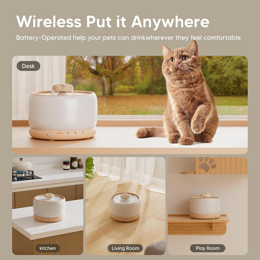 WOPET Wireless Cat Water Fountain, 3L/101oz Ceramic Automatic Pet Water Dispenser for Cats, Battery Operated Cordless Dog Water Fountain with Motion Sensor, Ultra Quiet Wireless Pump, Dishwasher Safe