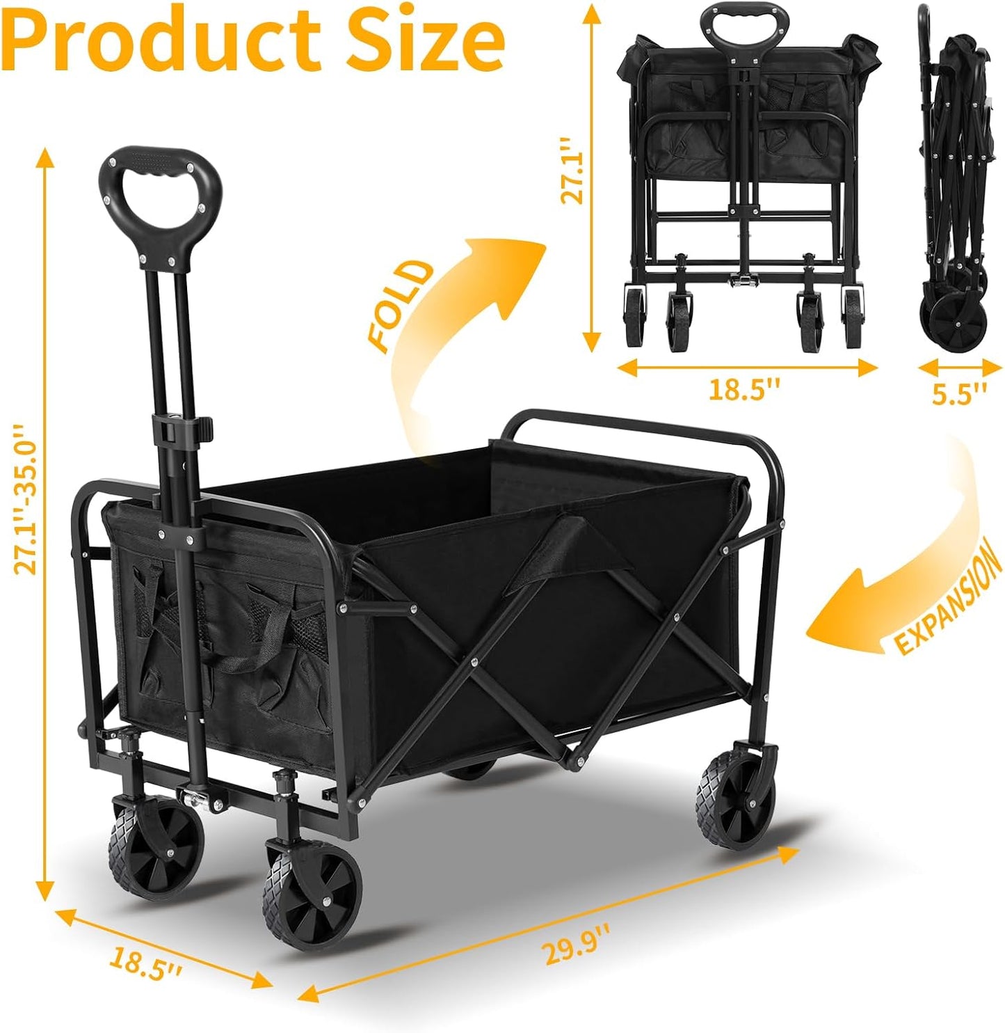 Collapsible Folding Wagon Cart with Wheels, 220 LBS Capacity, Lightweight Portable Utility Cart with Flexible Handle for Grocery Sports Garden Camping
