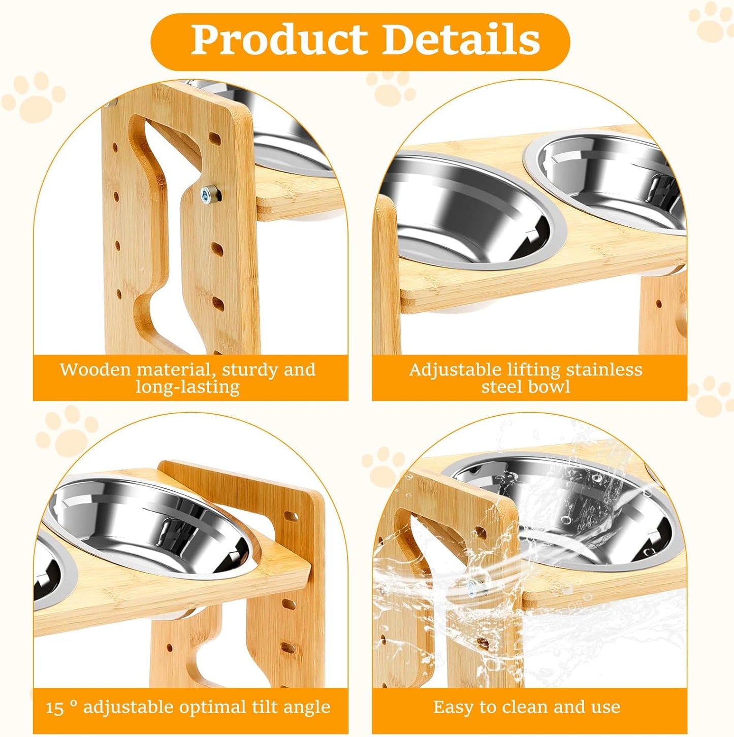 Elevated Dog Bowls - Flexible Adjustable Dog Bowl Stand for Small Medium Dogs & Cats | 6'' Diameter Double Bowls & Non-Slip Foot Pads & Removable Stand