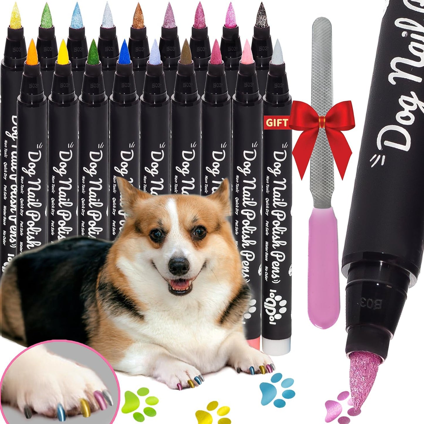 18 Metallic & Matte Colors Dog Nail Polish Pens Quick Dry with Dog Nail File, Non Toxic Glitter Dog Safe Nail Polish, Easy to Apply Pet Safe Accessories for Small and Large Puppies