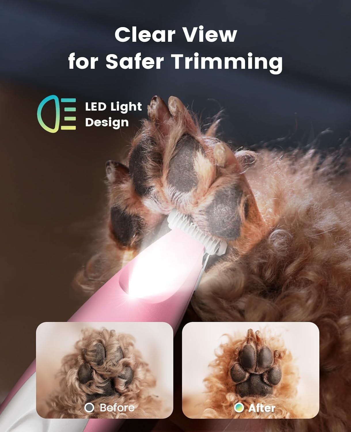 oneisall Low Noise Dog Paw Trimmer with LED Light, Paw Trimmer for Dogs 0.8inch/20mm Widen Blade, 35dB Cordless Electric Pet Paw Grooming Clippers for Paws, Ears, Face, Rump (Pink)