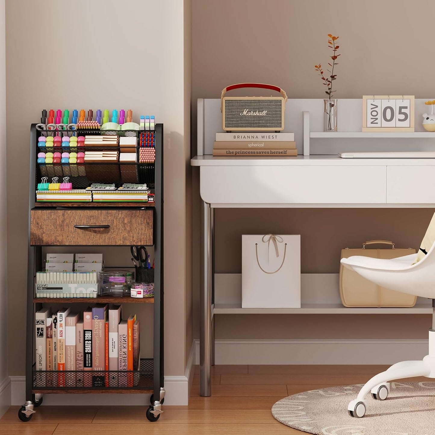 3 Tier Rolling Cart - Metal Utility Cart with Storage Drawer and Wheels, Versatile Art & Craft Organizer for Home, Office, or Studio - Ideal for Storing Brushes, Paints, and Supplies