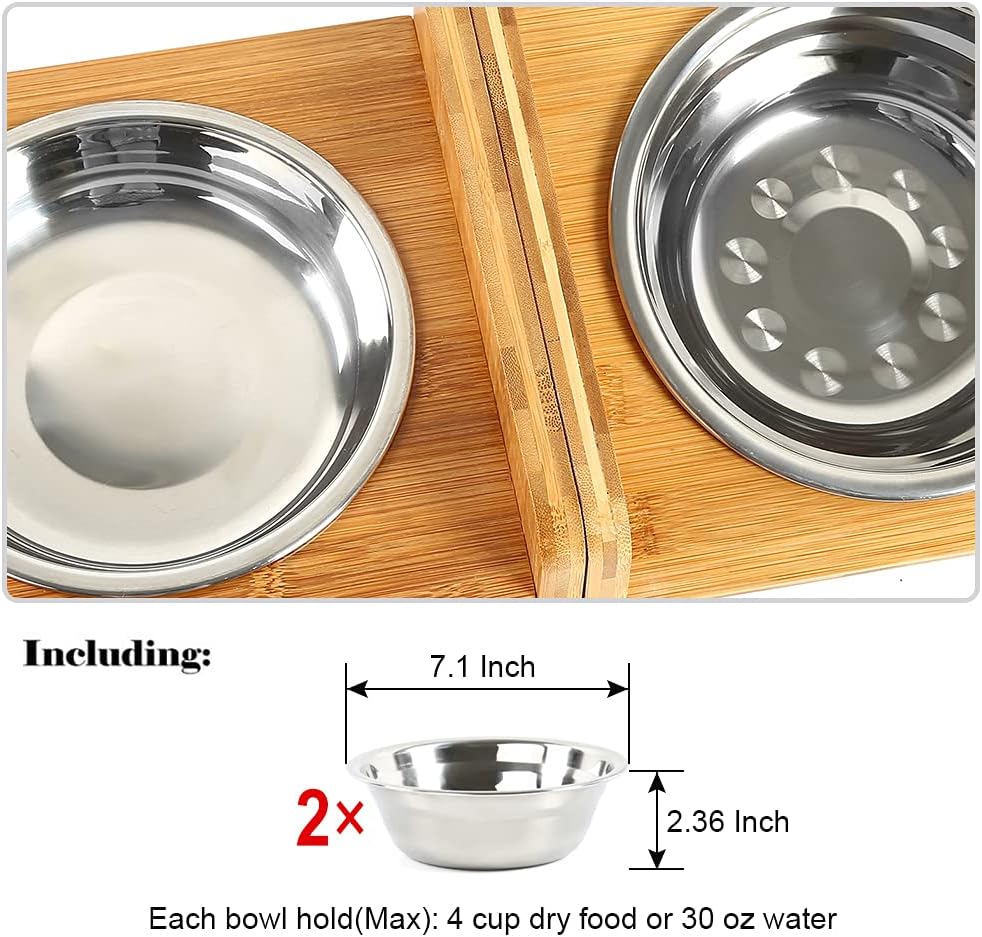 FOREYY Set of 2 Raised Pet Bowls for Cats and Small Dogs - Bamboo Tilted Single Elevated Dog Cat Food and Water Stand Feeder with 2 Stainless Steel Bowls and Anti Slip Feet for Comfort Feeding(Medium)