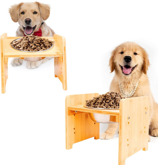 FOREYY Set of 2 Raised Pet Bowls for Cats and Small Dogs - Bamboo Tilted Single Elevated Dog Cat Food and Water Stand Feeder with 2 Stainless Steel Bowls and Anti Slip Feet for Comfort Feeding(Medium)