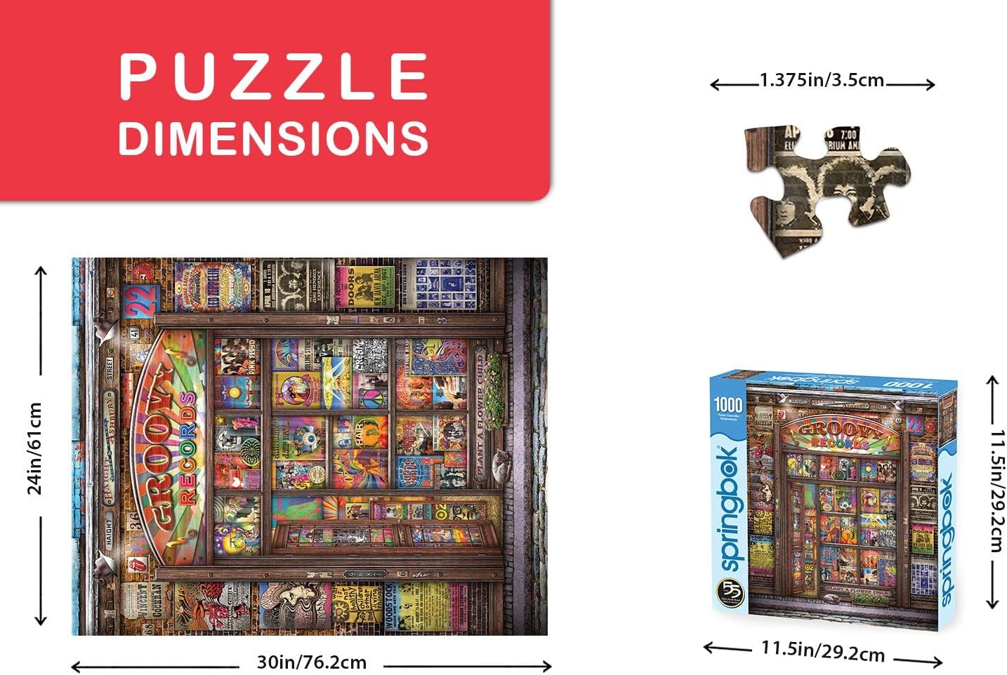 Springbok Groovy Records 1000 piece Jigsaw Puzzle for Adults features a colorful illustration of a classic record store