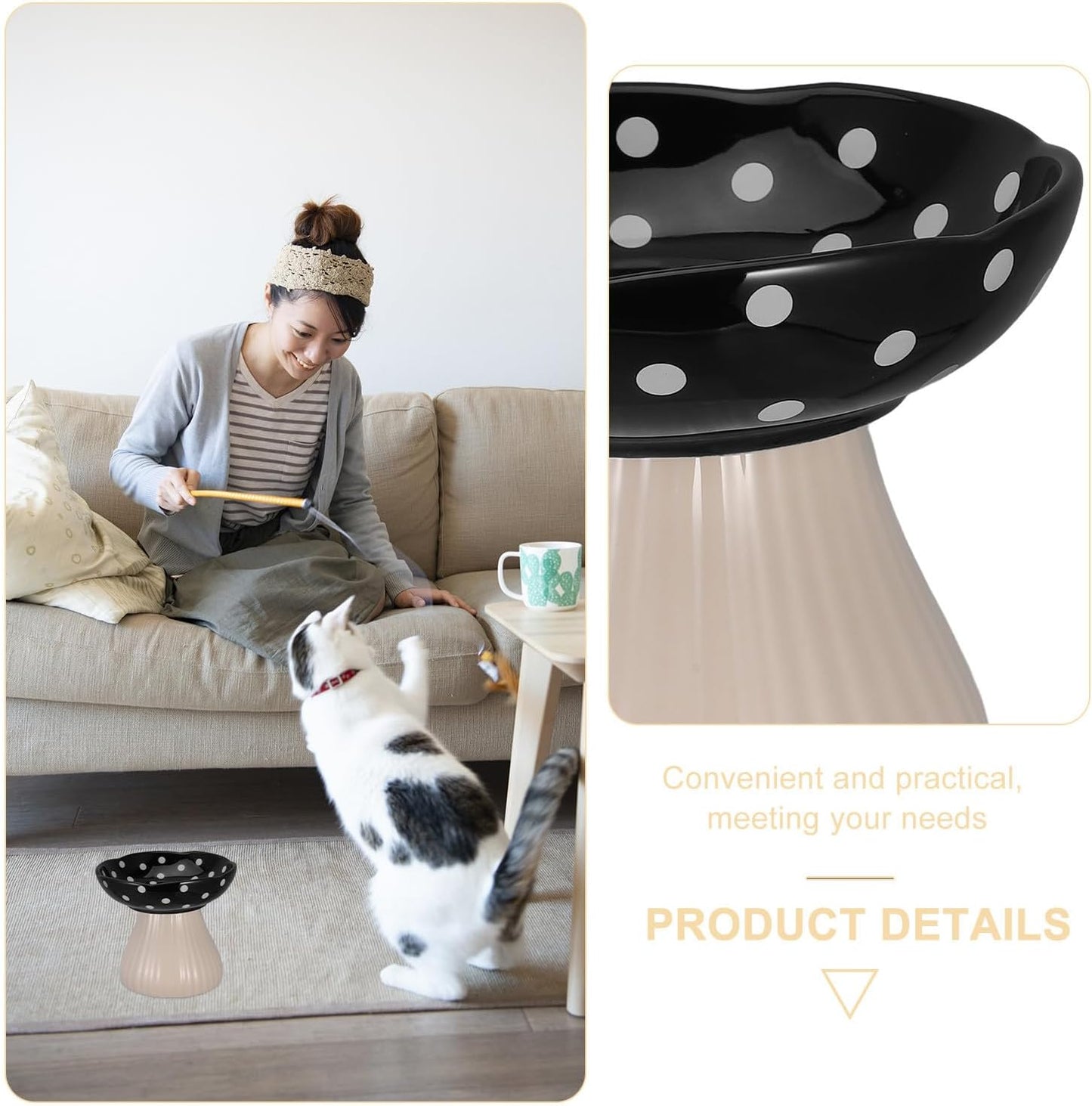 PRETYZOOM Elevated Cat Feeding Bowl and Raised Water Dish Ceramic Pet Bowl Wide Shallow Design with Black Mushroom Stand for Small Dogs and Indoor Cats