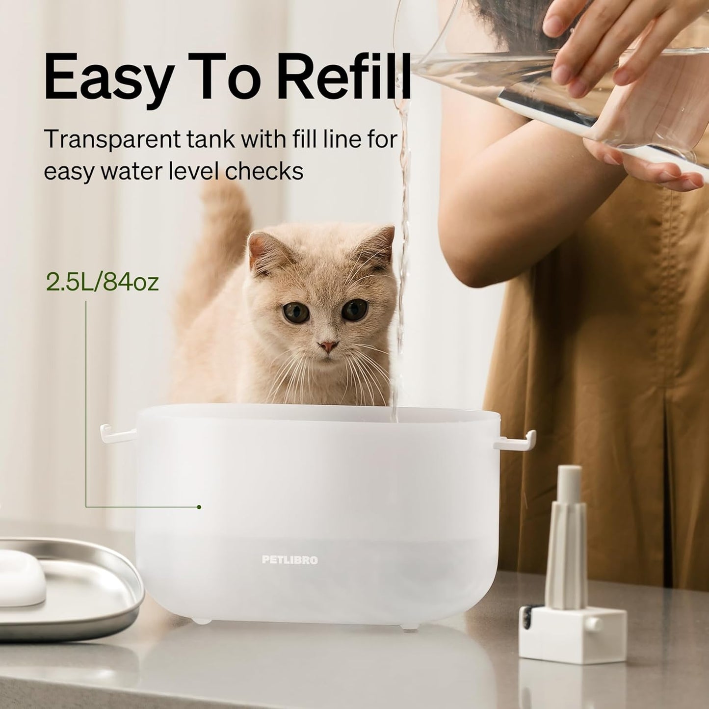 PETLIBRO Cat Water Fountain + PETLIBRO Genuine 6 Packs Filters, Cat Fountain Indoor Stainless Steel Tray, 2.5L/84oz Wireless Pump Pet Water Fountain, Cat Water Dispenser with Two Flow Modes