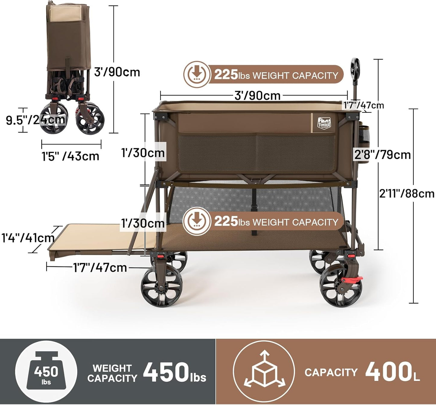 TIMBER RIDGE 400L Large Capacity Folding Double Decker Wagon with Brakes, 54" Extra Long Extender Wagon Cart, 450lbs Heavy Duty Collapsible Cart, All-Terrain Big Wheels for Camping, Sports, Shopping