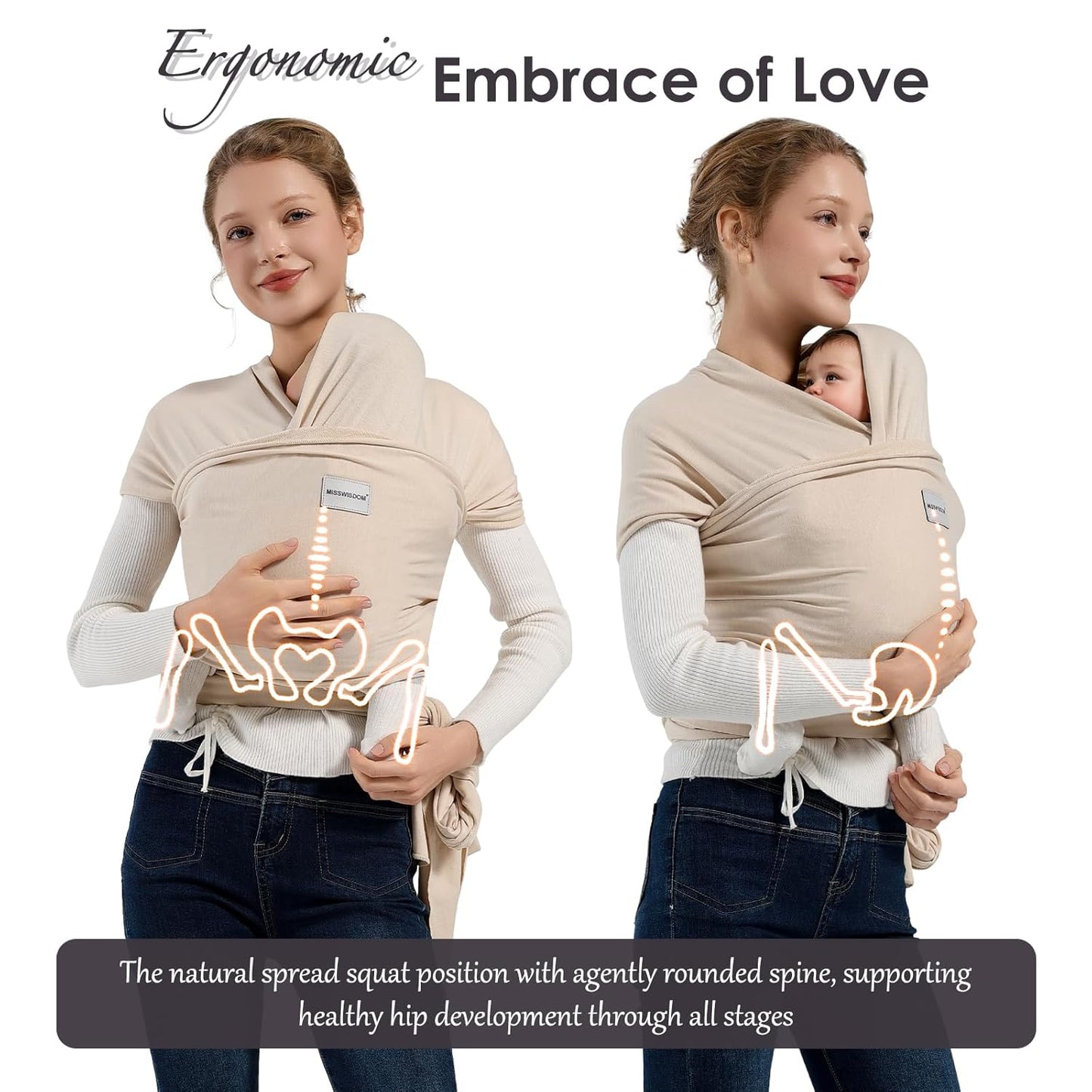 Baby Wraps Carrier, Baby Carrier Wrap Newborn Sling 7-35lbs, Baby Wearing Wrap Newborn Wrap Carrier, Baby Sling Carriers for Newborn and Infant, Beige