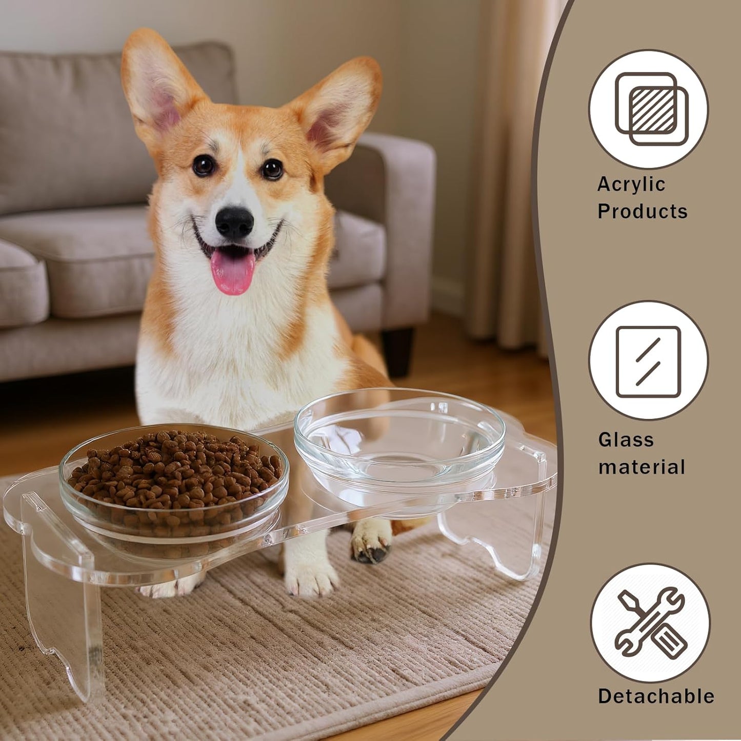 Geyecete Acrylic Dog Bowl Stand Dog and Cat Bowls Elevated Set with 2 Set Removable Glass Bowls Food and Water Raised Dishes Dog Bowl Elevated