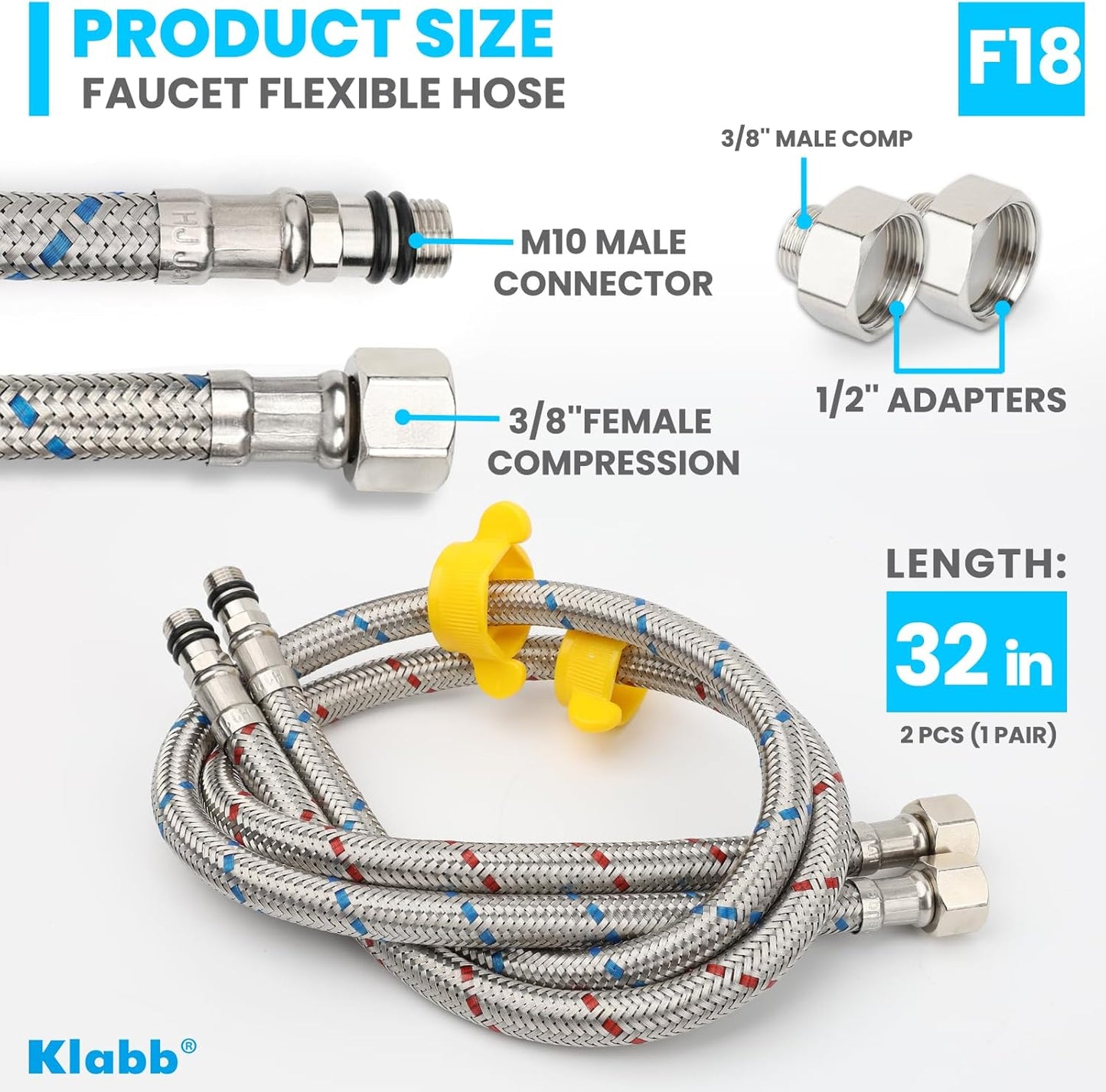 Klabb 32-Inch Stainless Steel Braided Faucet Supply Line, 3/8" Compression Inlet with 1/2" Adapter and M10 Faucet Connection for Bathroom & Kitchen Sinks