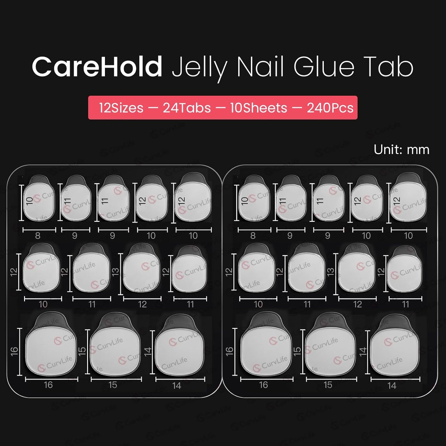 Curvlife CareHold Nail Adhesive Tabs for Press On Nails – 20 Sheets, 12 Sizes Strong Hold 0.3mm Ultra Thin Nail Glue Stickers Waterproof Breathable Double Sided Sticky Tabs, Gentle Removal