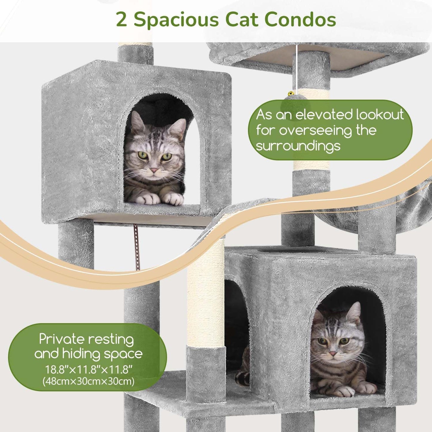Globlazer Large Cat Tree Tower for Indoor Cats, 74in Tall Sturdy Cat Tree Condo for Large Cat with Scratching Posts and Board, Cat Condos for Adult Cats Kittens, Top Perches, Pet Bed, F74D, Light Grey