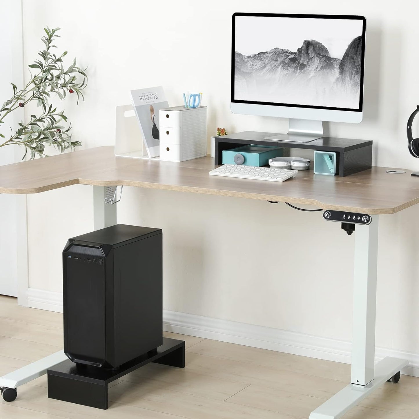 TEAMIX 20 Inch Monitor Stand Riser, Black Desktop Stand for PC/TV/Laptop/Printer, Wood Monitor Riser with Storage, Computer Stand Keyboard Organizer
