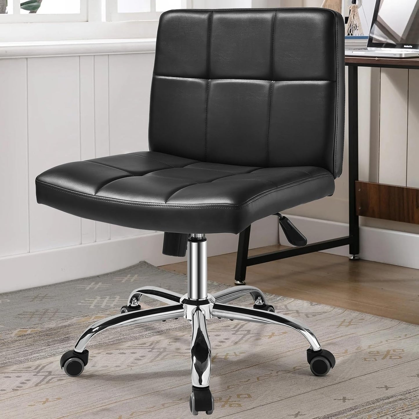 Black Office Chair with Wheels - 360° Swivel Armless Back Support，Comfortable Pu Adjustable Rolling Desk Chairs for Office，Home，Vanity，Bedroom，Big Space (Widened Black)