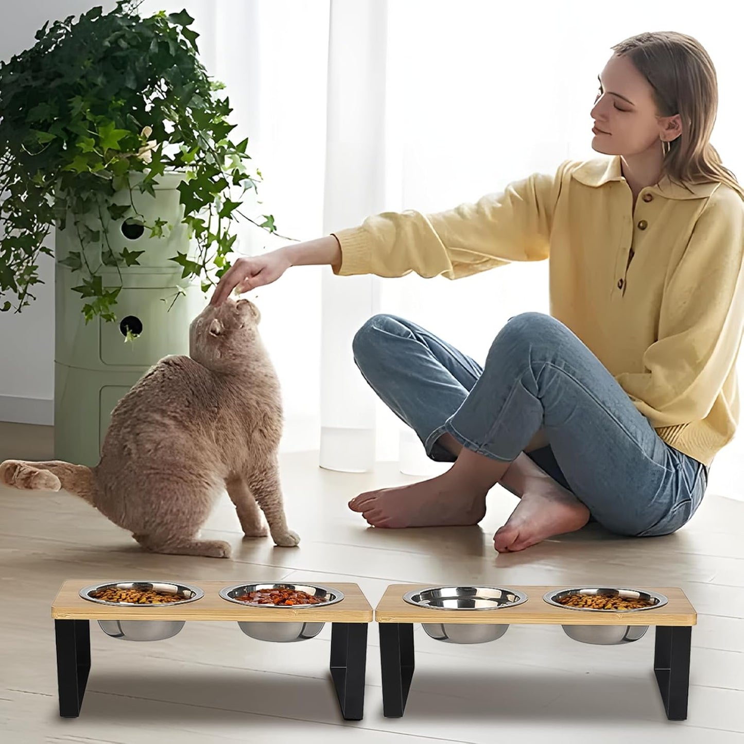 Elevated Cat Bowl, 2 PCS 15°Tilted Cat Bowl Stand with 2 Stainless Steel Bowls for Indoor Cats and Pet, Raised Cats Bowls for Food and Water