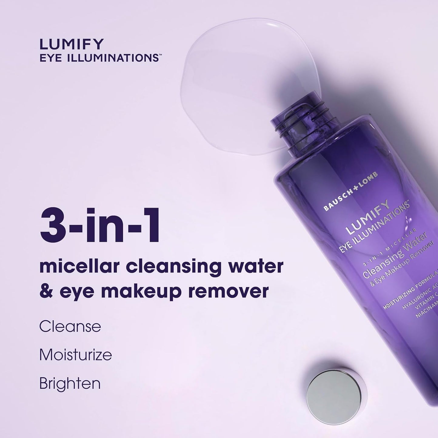 LUMIFY Eye Illuminations Cleansing Water & Eye Makeup Remover, 3-in-1 Micellar Water Contains Hyaluronic Acid, Vitamin C & Niacinamide, Hypoallergenic, Removes Waterproof Makeup, 5.4 Oz (160 mL)