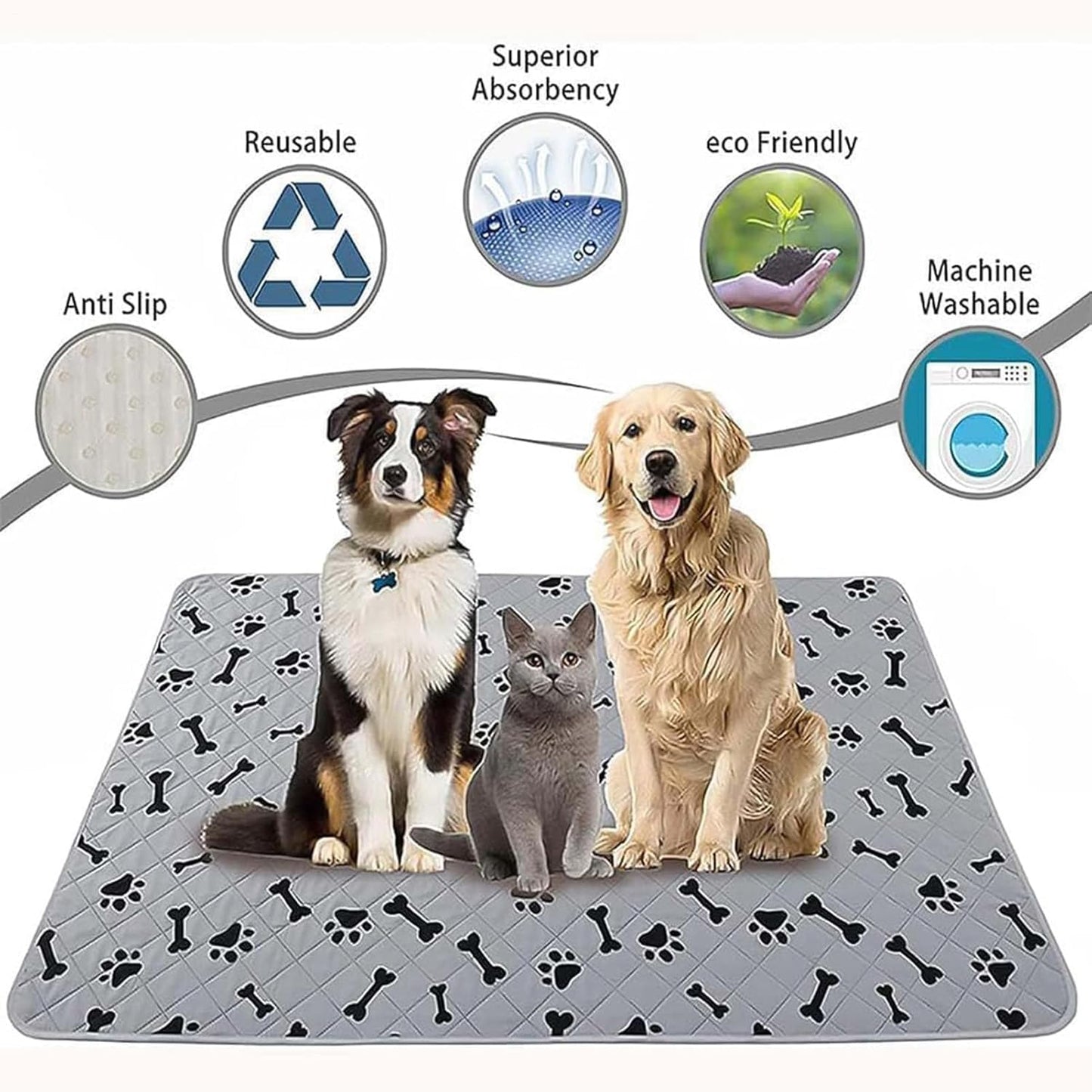 Training Mat, Fast Absorbent Pad, Reusable Washable Sheet, Puppy Potty Solution, Interior Floor Protection, Pet Comfort Accessory, Quilted Dark Gray Liner for Litter Box Grass Crate Training