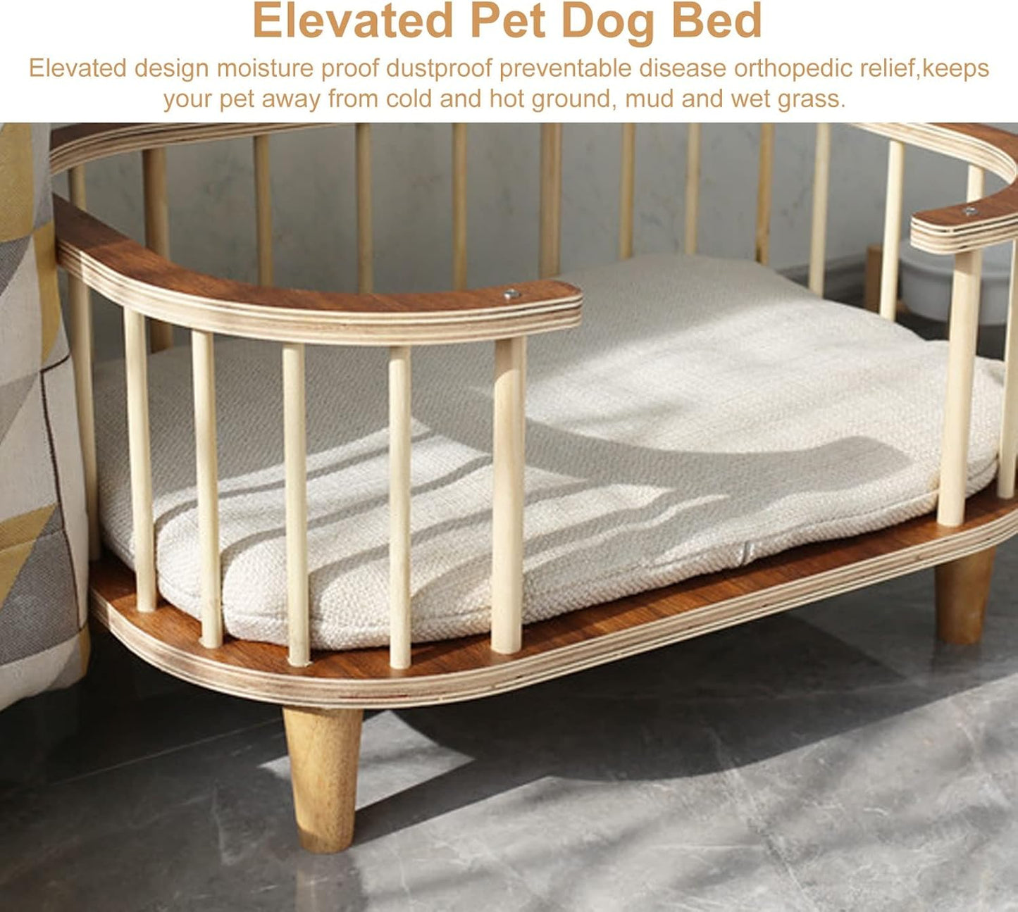Pet Bed Retro Small Cats with Mattress, Portable Orthopedic Joint Relief Wood Frame Couch, Easy Assemble, for Pets Within 30 Kg / 66 Lbs