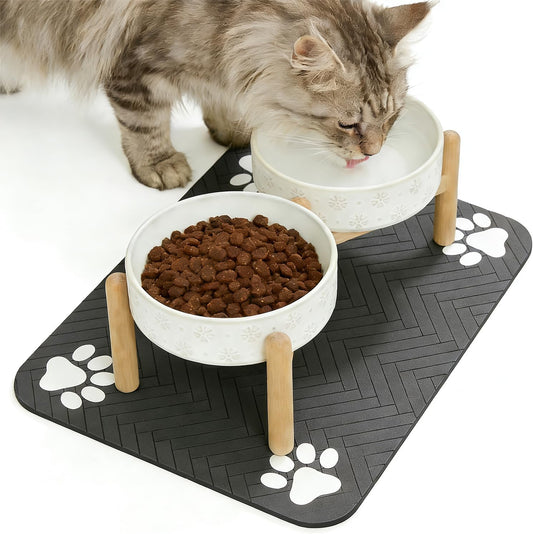 Raised Ceramic Pet Bowls Set with Wooden Stand & Waterproof Mat, 16oz Anti-Vomit Whisker-Friendly Bowls for Cats & Small to Medium Dogs, Non-Slip Stable Design
