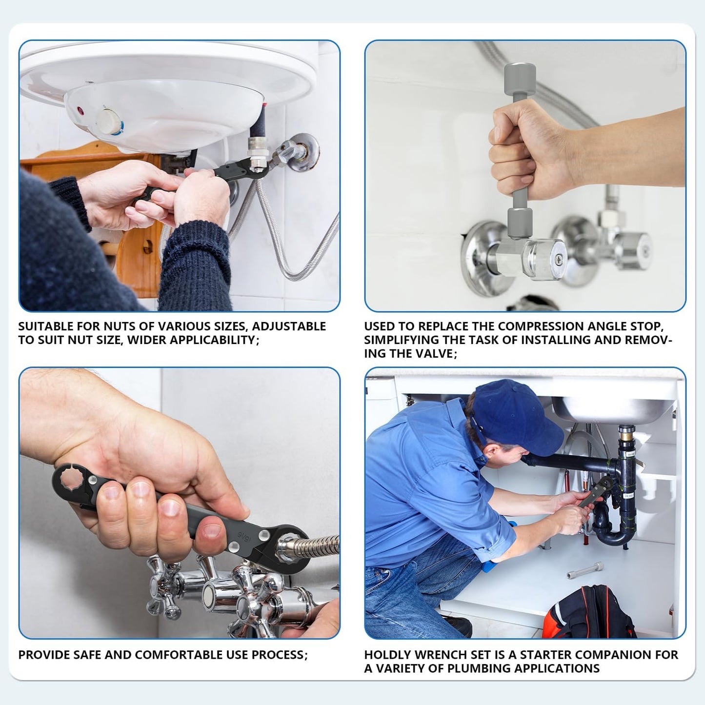 Plumbing Tools Angle Stop Wrench Kit – Adjustable Wrench Professional Plumber Tools for Installing New Compression Angle Stops and Removing Compression Rings-Silver Tool Kit