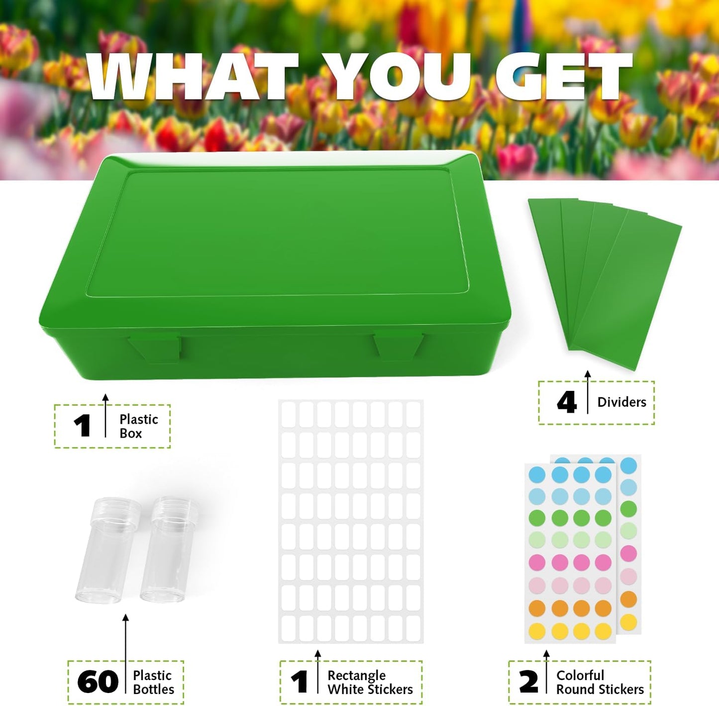 Seed Organizer Storage Box, Green Opaque Light Proof Seed Bank with 60 Transparent Bottles & Labels, Seed Holder Packet Organizer, Seed Vault Container for Homesteaders, Garden Tackle and Sorter PLAIN