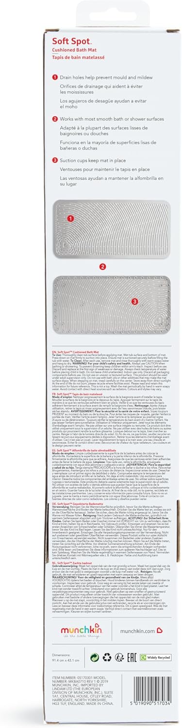 Munchkin Soft Spot Baby Bath Mat for Tub, Cushioned Bathtub Mat for Toddlers and Kids, 36"x17", Grey