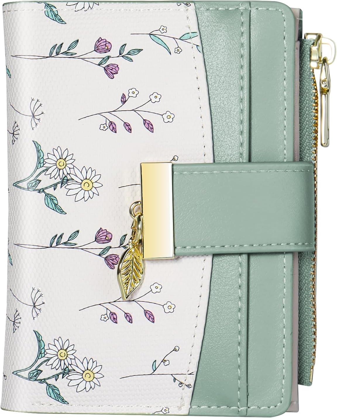 Avando Wallets for Women- RFID Blocking- Soft PU Leather Bifold Coin Zipper Pocket Purse-Small flower wallet Credit Card Holder with ID Window (Green)