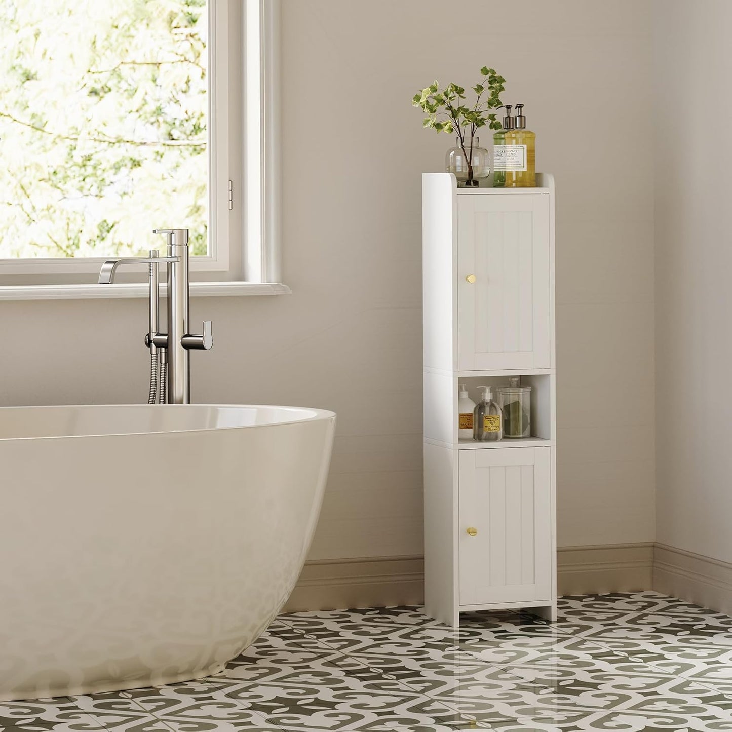 Bathroom Cabinet with 2 Doors, 7.3 x 9.8 x 40.4 Inches, Small Freestanding Storage Cabinet with Adjustable Shelf, Floor Cabinet for Small Spaces, Bathroom, Entrances, Kitchen, White