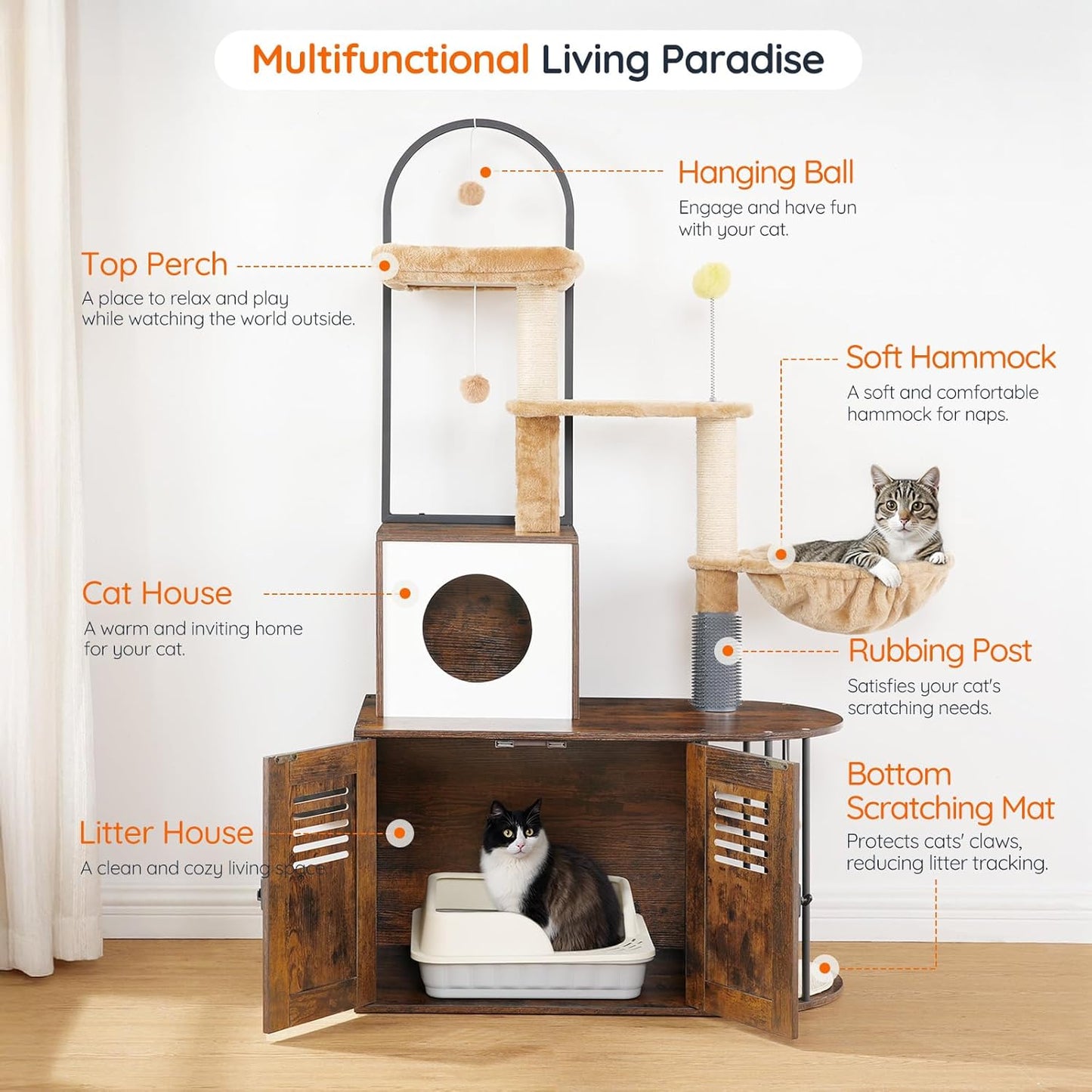 HOOBRO Cat Tree with Litter Box Enclosure, All-in-One 31.5" Cat Tower with Hidden Litter Box Cover Furniture for Indoor Cats, Versatile Cat Condo with Sisal Posts, Hammock, Rustic Brown FG45MZ03
