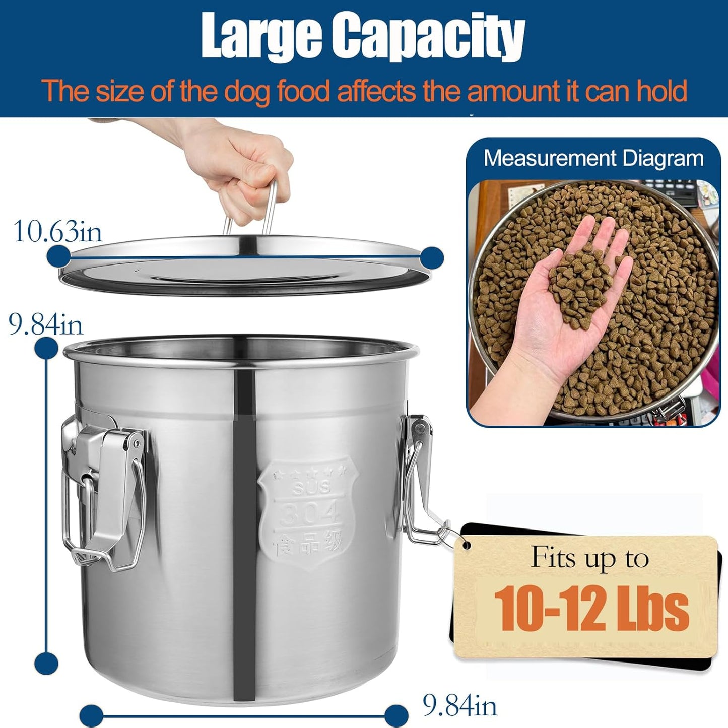 304 Stainless Steel Dog Food Storage Containers with Airtight Lid and Locking Clamp, Fits up to 12Lbs, Large Pet Food Storage Container Metal Pet Food Bin for Dogs, Cats & Birds Seed, Keep Fresh